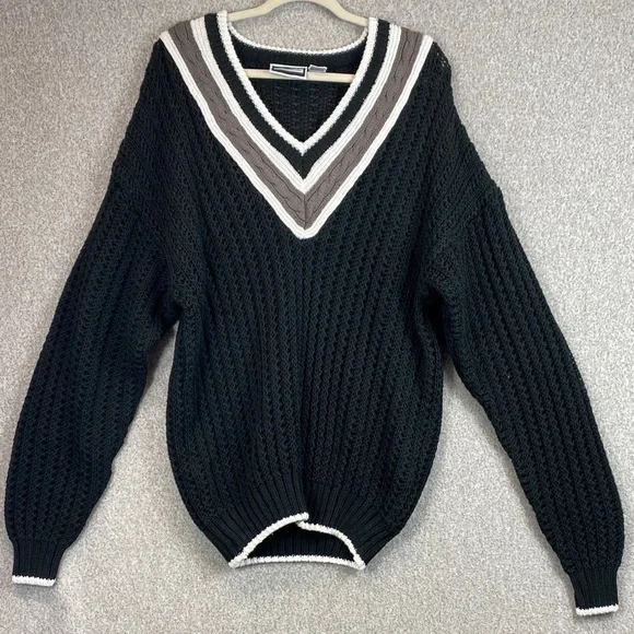Vintage varsity style sweater M oversized chunky cable open knit preppy retro - Picture 2 of 8